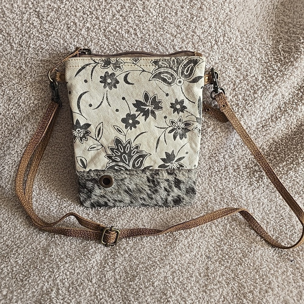 Myra Bag Bloom Bleach Floral Small Crossbody Cowhide Canvas Purse Festival Rodeo